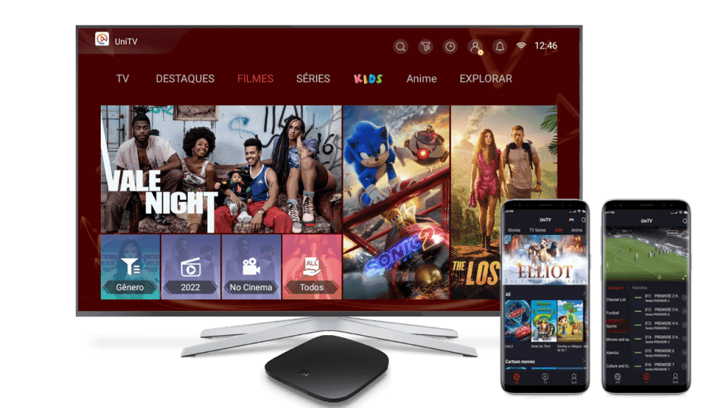 Interface do aplicativo UniTV em Smart TV, TV Box e celular